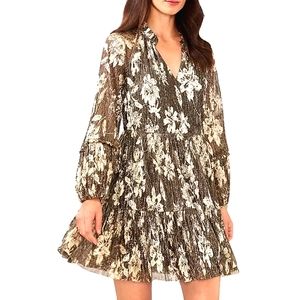 Nwt Vince Camuto Black/Gold Luxe Floral Sparkle & Shine Long Tiered Shift Dr…